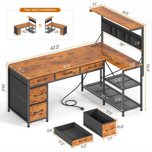L-Shaped Desk with Hutch, 5 Drawers, Storage Shelves, Power Outlet & LED Lights