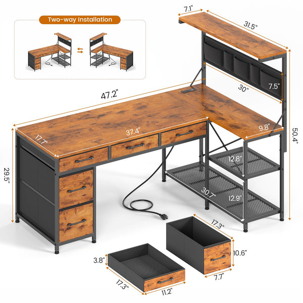 L-Shaped Desk with Hutch, 5 Drawers, Storage Shelves, Power Outlet & LED Lights
