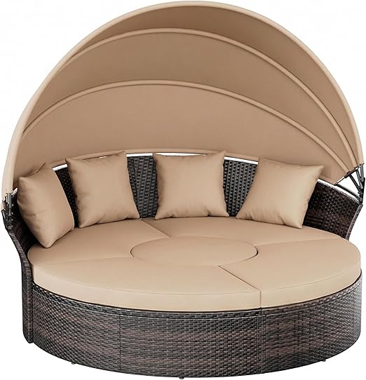 Outdoor Patio Canopy Daybed with Wicker Sofa Set