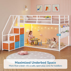 Twin Over Twin Low Bunk Bed with Storage Drawers and LED Lights