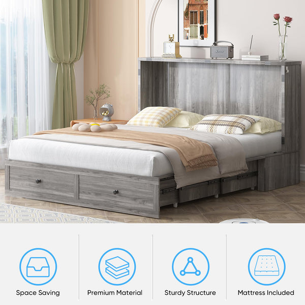 Queen Size Cabinet Murphy Bed with Tri-Fold Mattress & USB Charging