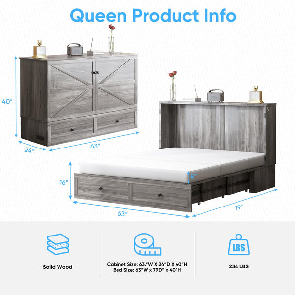 Queen Size Cabinet Murphy Bed with Tri-Fold Mattress & USB Charging