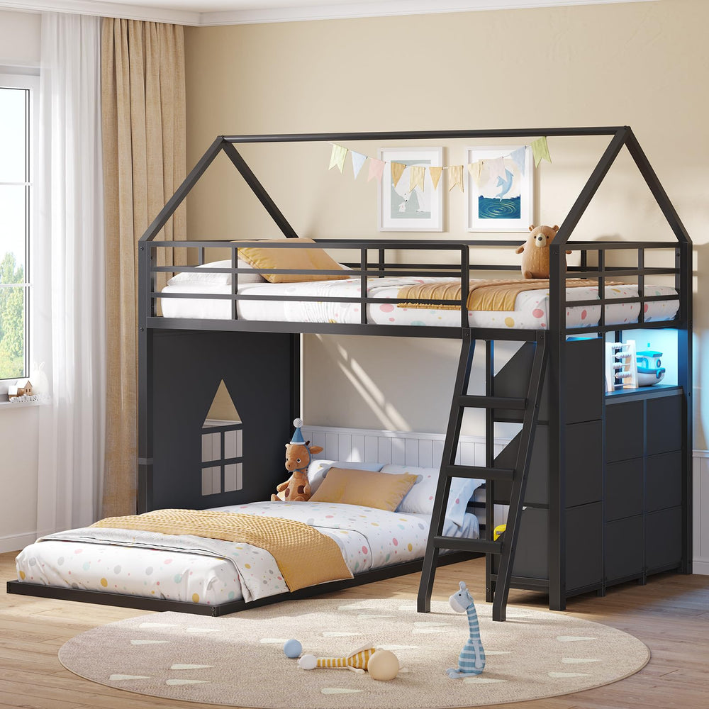 Twin Over Twin House Bunk Bed with LED Lights, Storage Drawers & Safety Guardrail