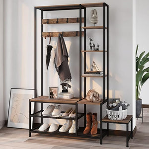 5-in-1 Hall Tree with Shoe Bench, Coat Rack & 4-Tier Shelves, Industrial