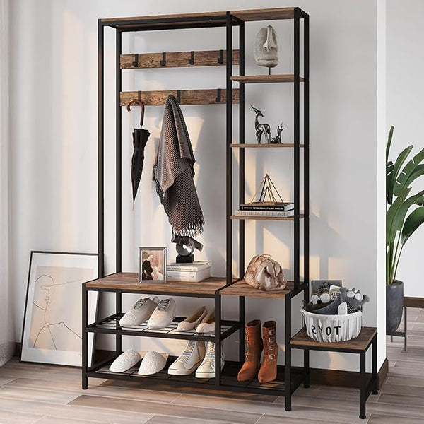 5-in-1 Hall Tree with Shoe Bench, Coat Rack & 4-Tier Shelves, Industrial