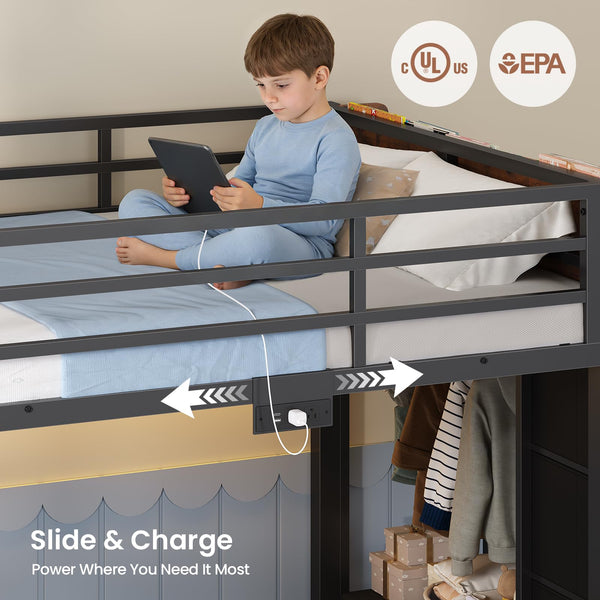 Twin Over Twin Low Bunk Bed with Storage & RGB Lights