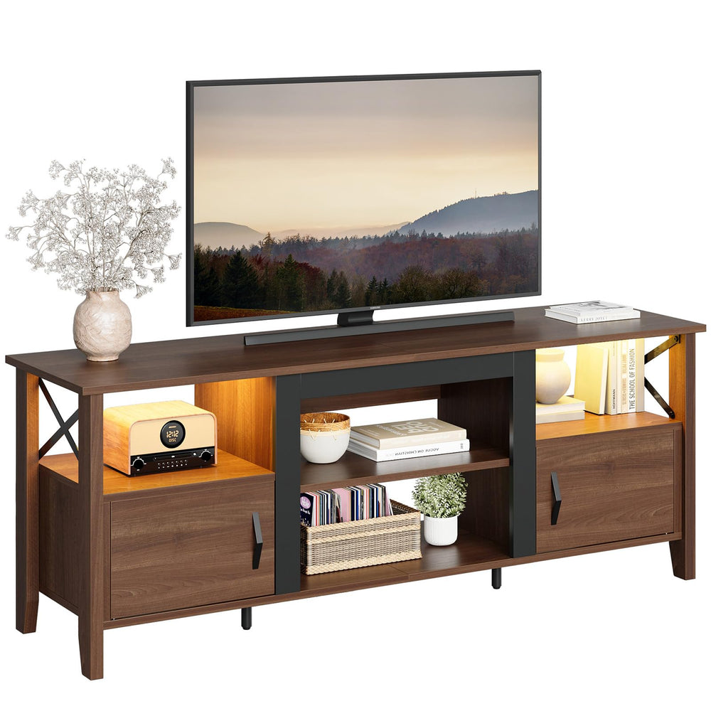 63-Inch Farmhouse TV Stand with LED Lights and Storage Cabinets