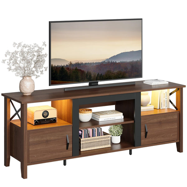 63-Inch Farmhouse TV Stand with LED Lights and Storage Cabinets