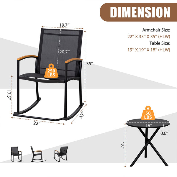 3-Piece Outdoor Rocking Bistro Set – Textilene Patio Chairs & Table