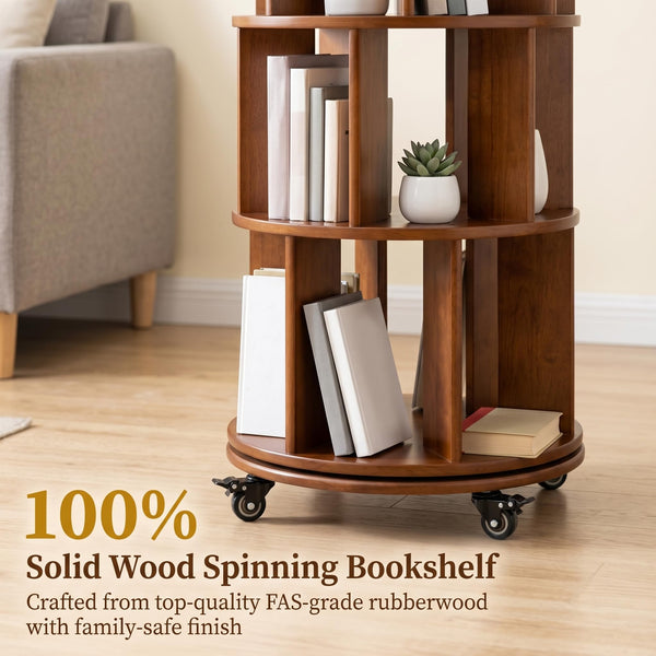 6-Tier Rotating Bookshelf Tower with Lockable Wheels