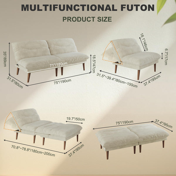 Convertible Futon Sofa Bed with Adjustable Backrest – 75 Inch Corduroy Loveseat
