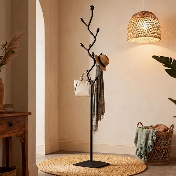 Metal Coat Rack with Marble Base & Storage Tray