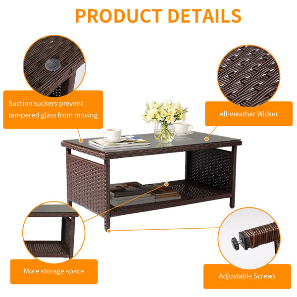 Outdoor Wicker Patio Coffee Table with Tempered Glass Top & Storage Shelf