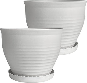 Large Round Plastic Planters with Drainage and Saucers – Set of 2