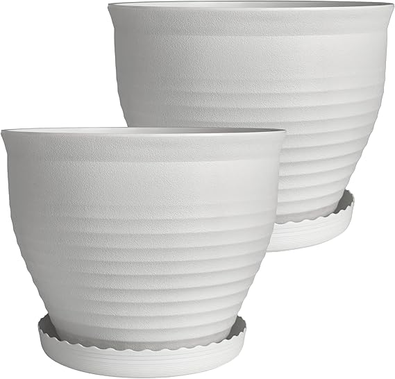 Large Round Plastic Planters with Drainage and Saucers – Set of 2