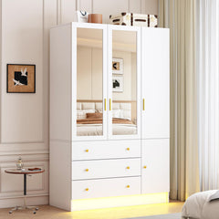 3-Door Armoire Wardrobe with LED Lights, Mirror & Drawers