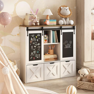 Kids Toy Storage Cabinet with Sliding Chalkboard & 3 Drawers
