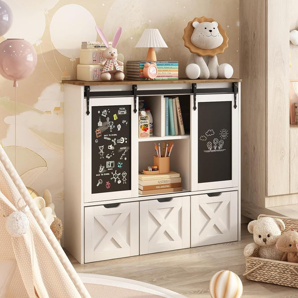 Kids Toy Storage Cabinet with Sliding Chalkboard & 3 Drawers