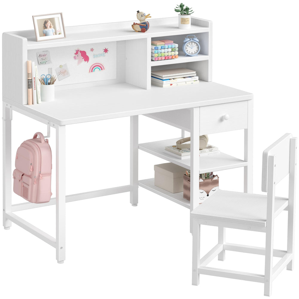 Kids Study Desk with Chair Set, Hutch & Storage