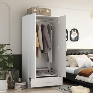 2-Door Wardrobe Armoire with Drawer & Hanging Rod