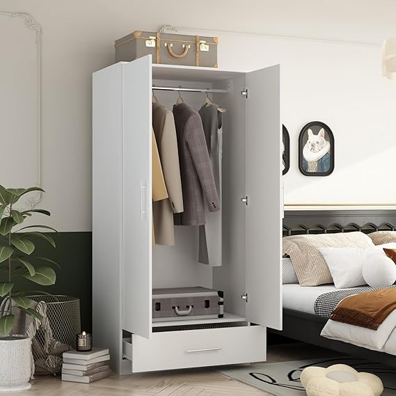 2-Door Wardrobe Armoire with Drawer & Hanging Rod