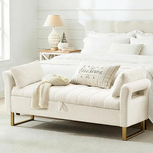 King Size Storage Bench with Arms, Boucle Fabric, Gold Legs, 2 Pillows