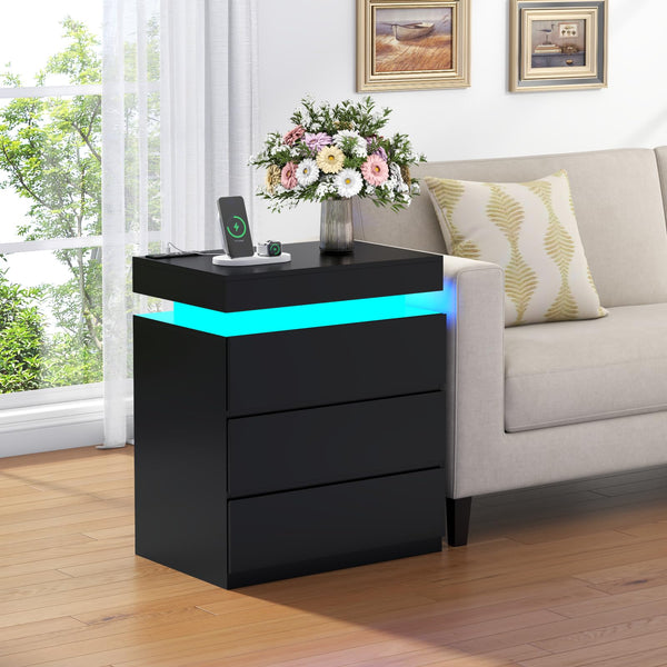 Nightstand with Charging Station and LED Lights – 3 Drawers