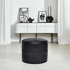 Leather Pouf Ottoman – Round Footstool, Black, 18"x18"x14"