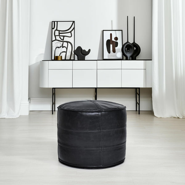 Leather Pouf Ottoman – Round Footstool, Black, 18"x18"x14"