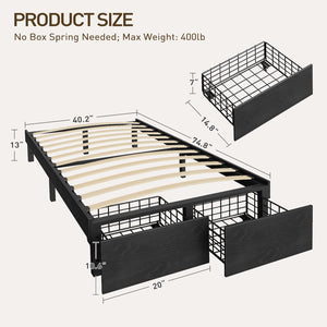 Bed Frame with 2 Storage Drawers and Wooden Slats, No Box Spring Needed