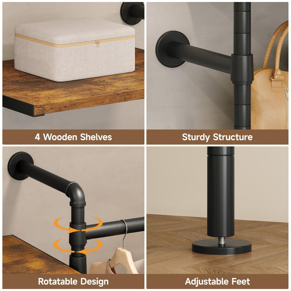Wall Mounted Industrial Pipe Clothing Rack with Drawers & Shelves