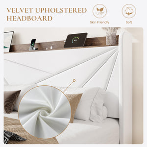 Velvet Storage Bed Frame with Charging Ports