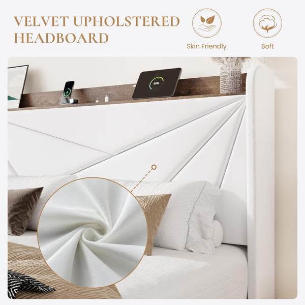 Velvet Storage Bed Frame with Charging Ports