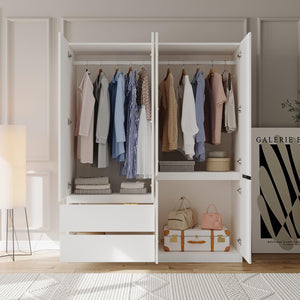 4-Door Armoire Wardrobe with Drawers & Hanging Rod