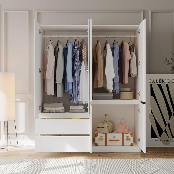 4-Door Armoire Wardrobe with Drawers & Hanging Rod