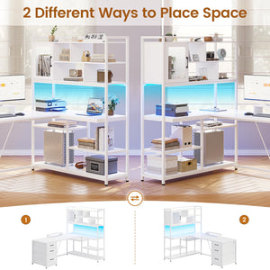 L-Shaped Computer Desk with Bookshelf, Drawers & LED Light