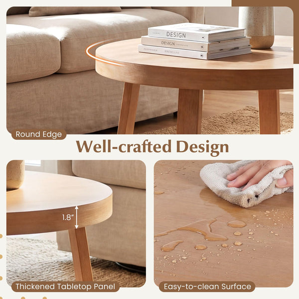 Round Wood Coffee Table 30 Inch – Pine Frame, Natural Finish