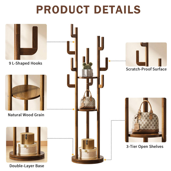 360° Rotating Freestanding Coat Rack with 9 Hooks & 3 Shelves – Solid Rubberwood Hall Tree