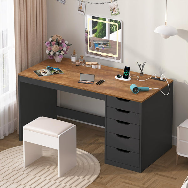 47-Inch Computer Desk with 5 Drawers & Power Outlets