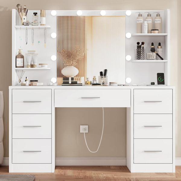 Vanity Desk with LED Mirror, Drawers & Charging Station
