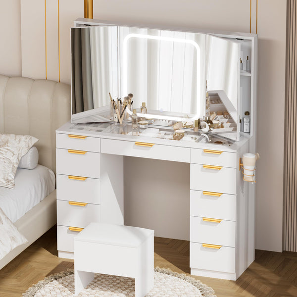 11-Drawer Vanity Desk with Foldable Mirror & LED Lights