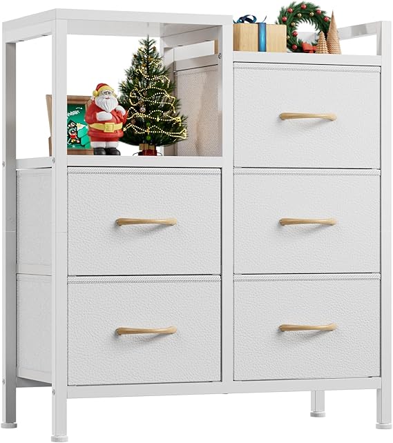 5-Drawer Fabric Dresser with 2-Tier Shelf