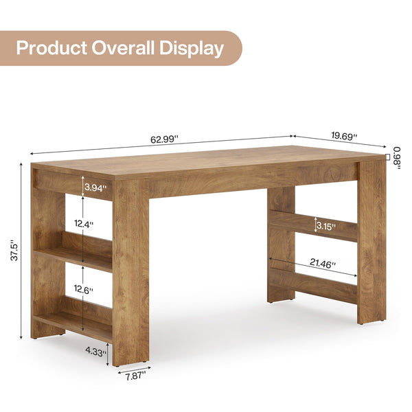 63-Inch Farmhouse Bar Table with Storage Shelves