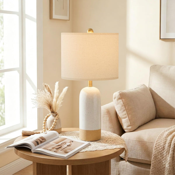 PoKat 24'' White Ceramic Table Lamps Set of 2, Farmhouse Bedside Lamps for Bedroom, Modern Nightstand Lamps for Living Room, Boho Rustic Table Lamps for Office Entryway Hallway, White & Earthy Yellow