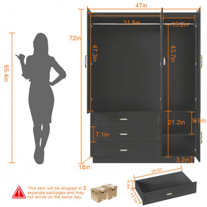 72" 3-Door Wardrobe with LED Light & Drawers