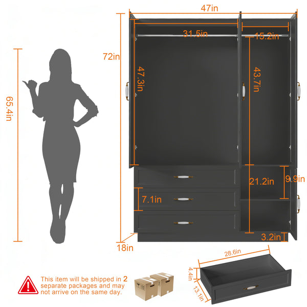 72" 3-Door Wardrobe with LED Light & Drawers