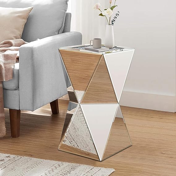 Mirrored End Table with Crystal Inlay – Silver Accent Side Table