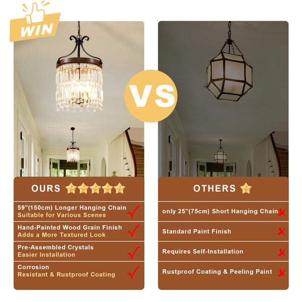 Small Crystal Chandelier 3-Light Farmhouse Pendant