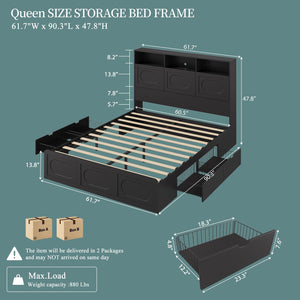 Queen Bed Frame with Storage Headboard, Drawers & Charging Station