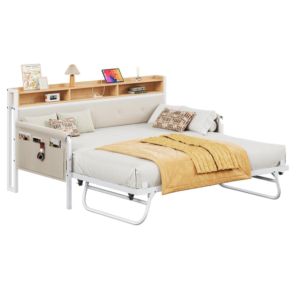 Twin Daybed with Trundle, Upholstered Headboard & Charging Station
